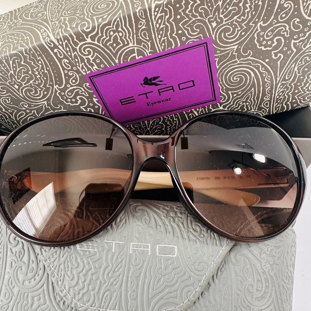 ETRO Brown Sunglasses with Patterned Case and box.